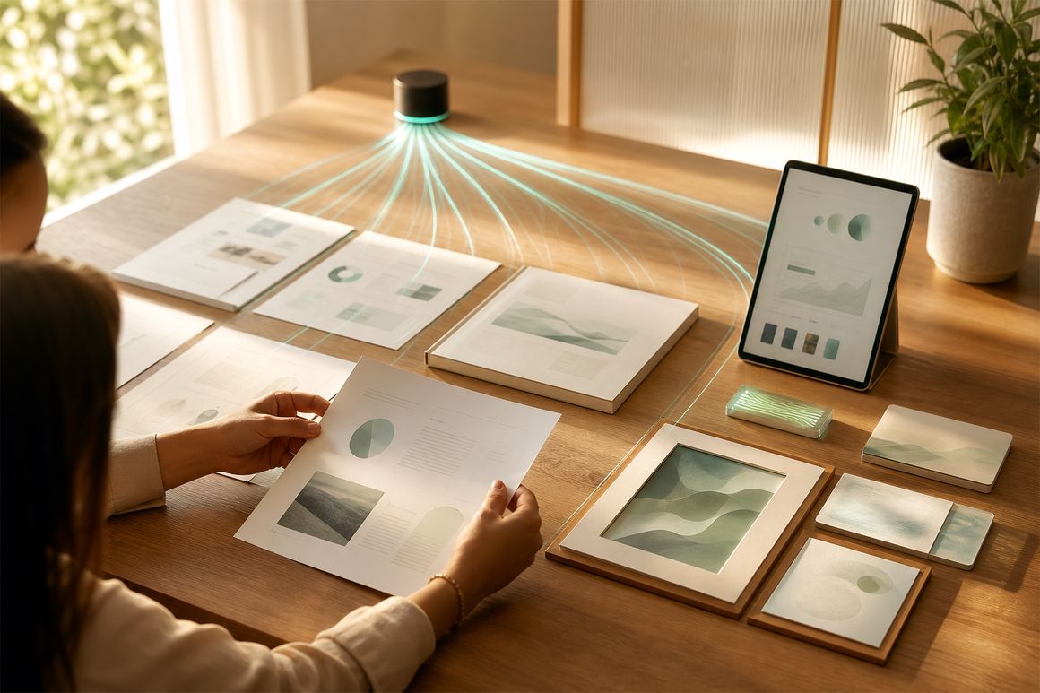 Sunlit table where glowing teal threads from a small hub weave into printed leads, briefs, and visual assets two colleagues are reviewing
