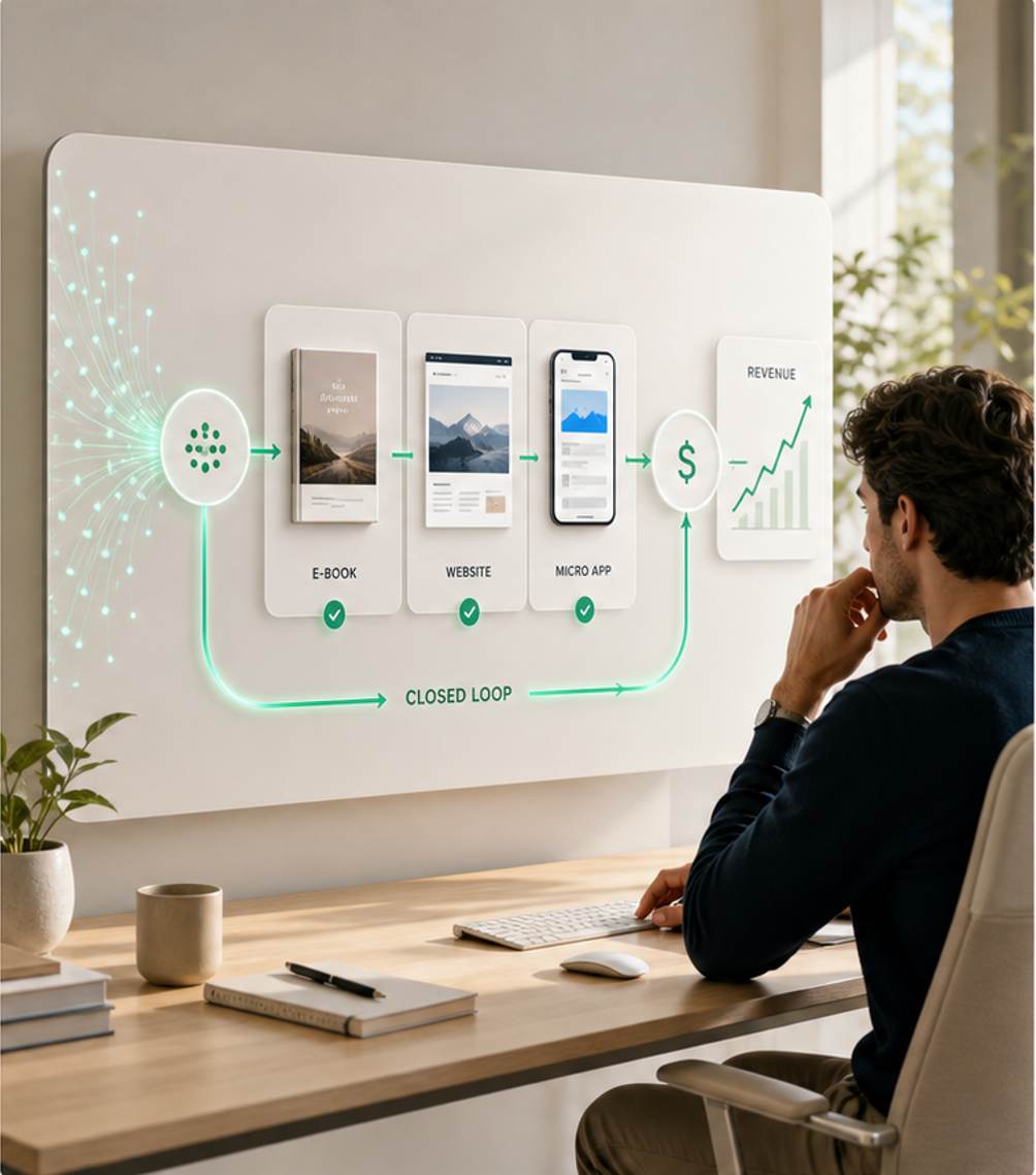 AI value loop console turning token capacity into leads, assets, and process outputs