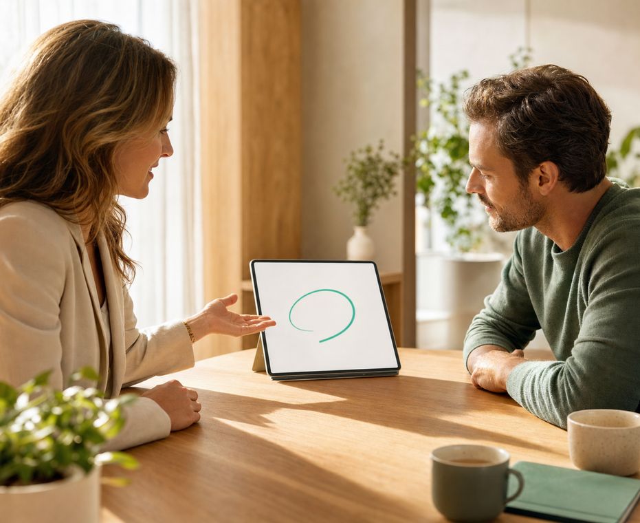 Consultant and client at a warm table watching the first value loop draw itself on a standing tablet