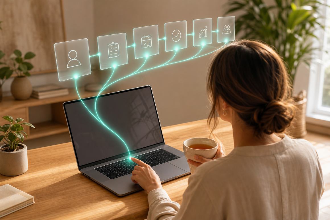 One keystroke at a bright desk sending a glowing thread up into a chain of translucent workflow cards